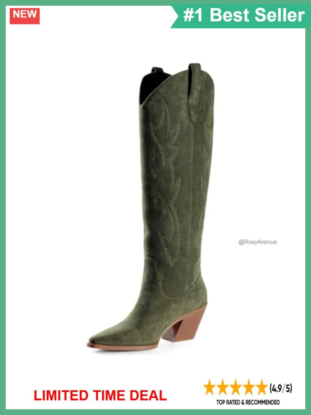 Knee High Cowboy Boots Pointed Toe Block Heel Faux Suede Embroidered